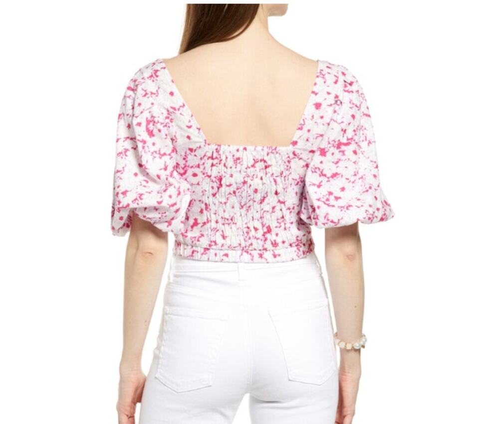 Open Edit Puff Sleeve Linen Blend Crop Top White Pink Floral Boho XS
